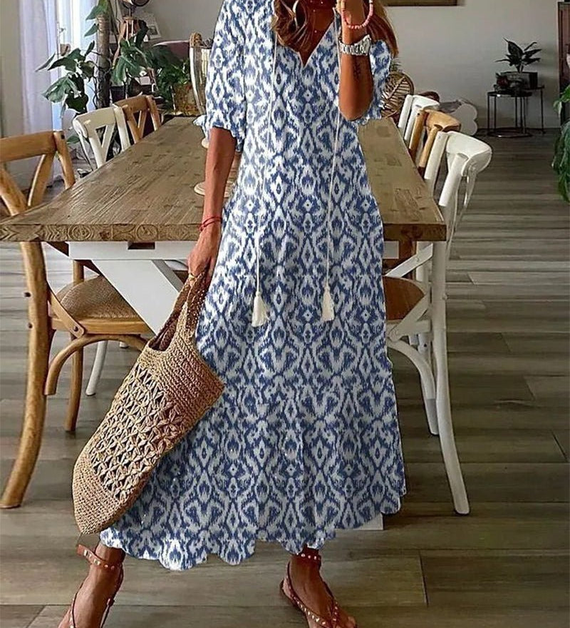 Luna effortless boho A-line dress with V-neckline, lantern sleeves and geometric print