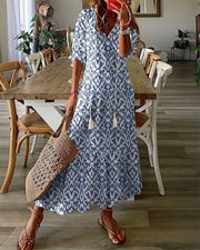 Luna effortless boho A-line dress with V-neckline, lantern sleeves and geometric print