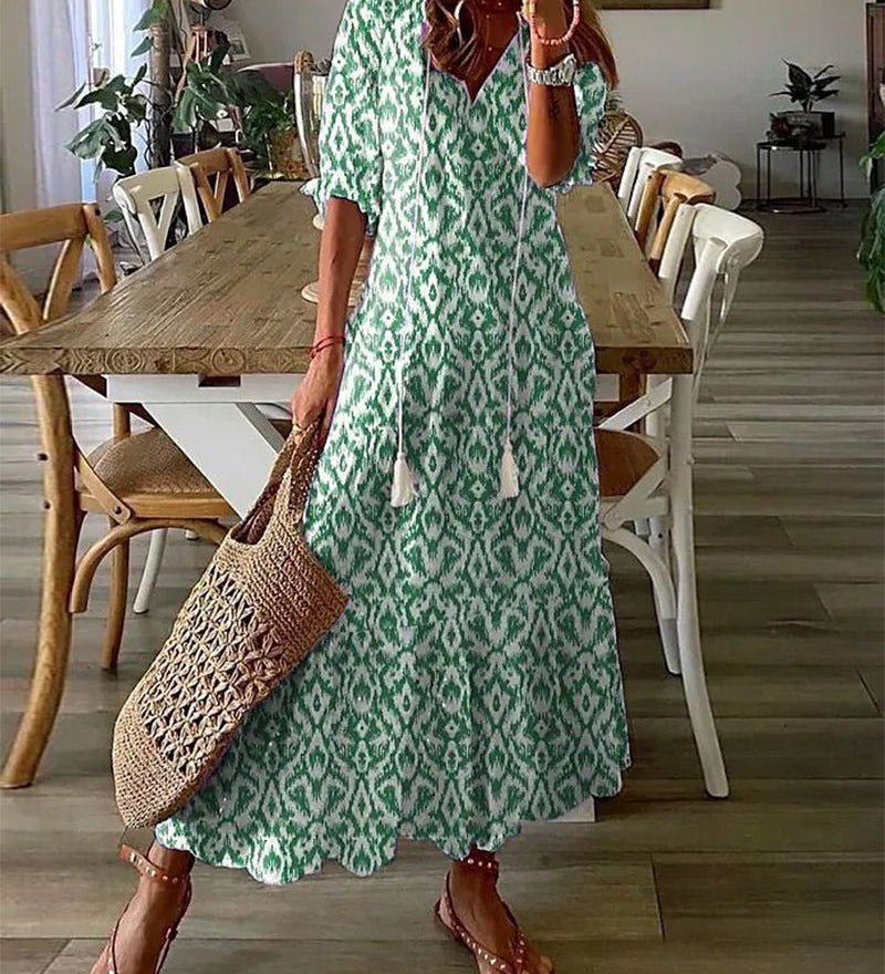 Luna effortless boho A-line dress with V-neckline, lantern sleeves and geometric print