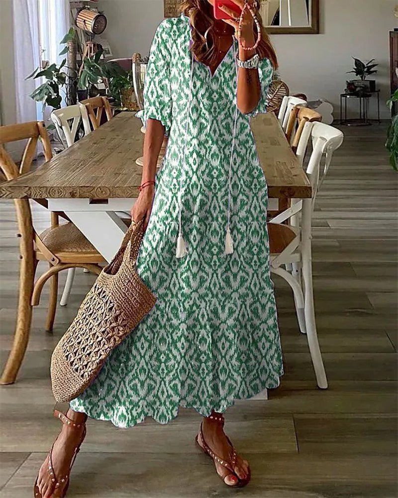 Luna effortless boho A-line dress with V-neckline, lantern sleeves and geometric print