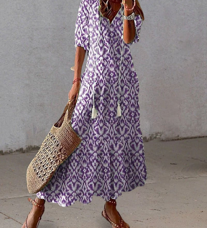 Luna effortless boho A-line dress with V-neckline, lantern sleeves and geometric print