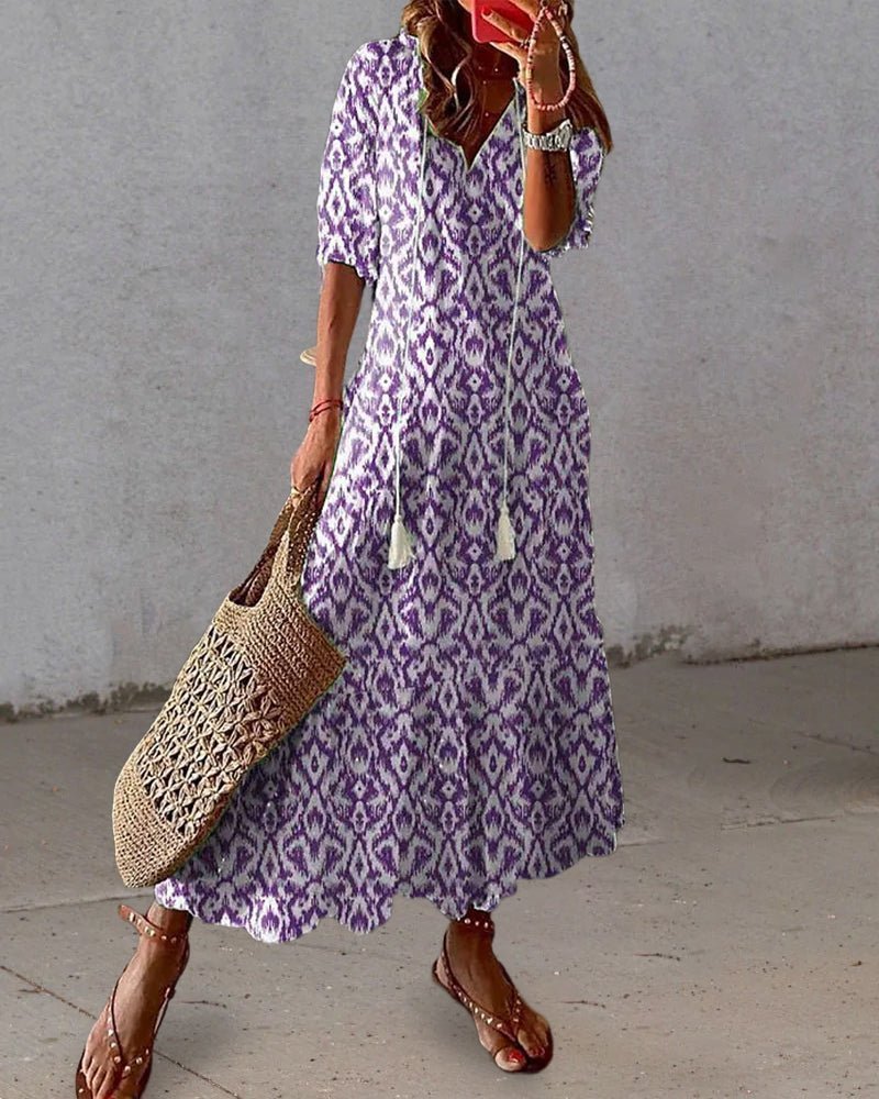 Luna effortless boho A-line dress with V-neckline, lantern sleeves and geometric print