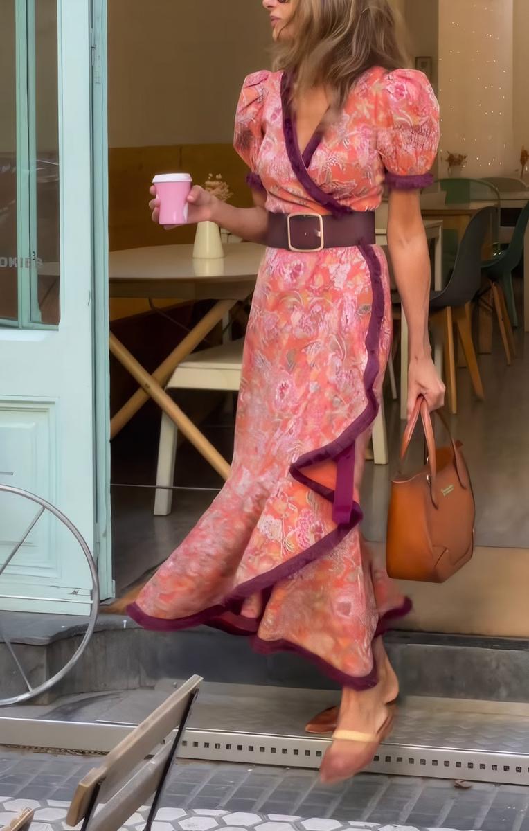 Viana pink A-line maxi dress with V-neckline and short sleeves, flowing floor-length skirt