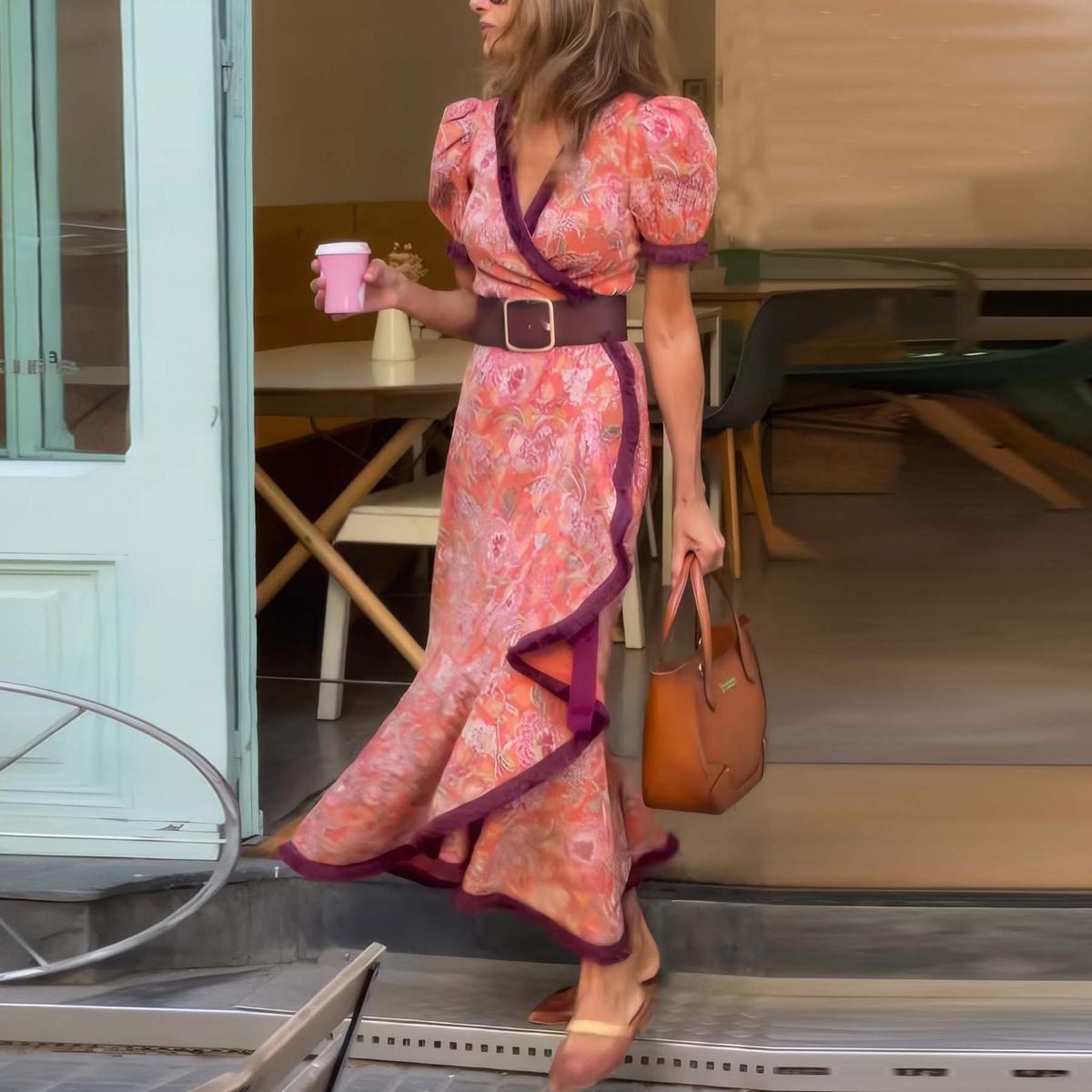 Viana pink A-line maxi dress with V-neckline and short sleeves, flowing floor-length skirt