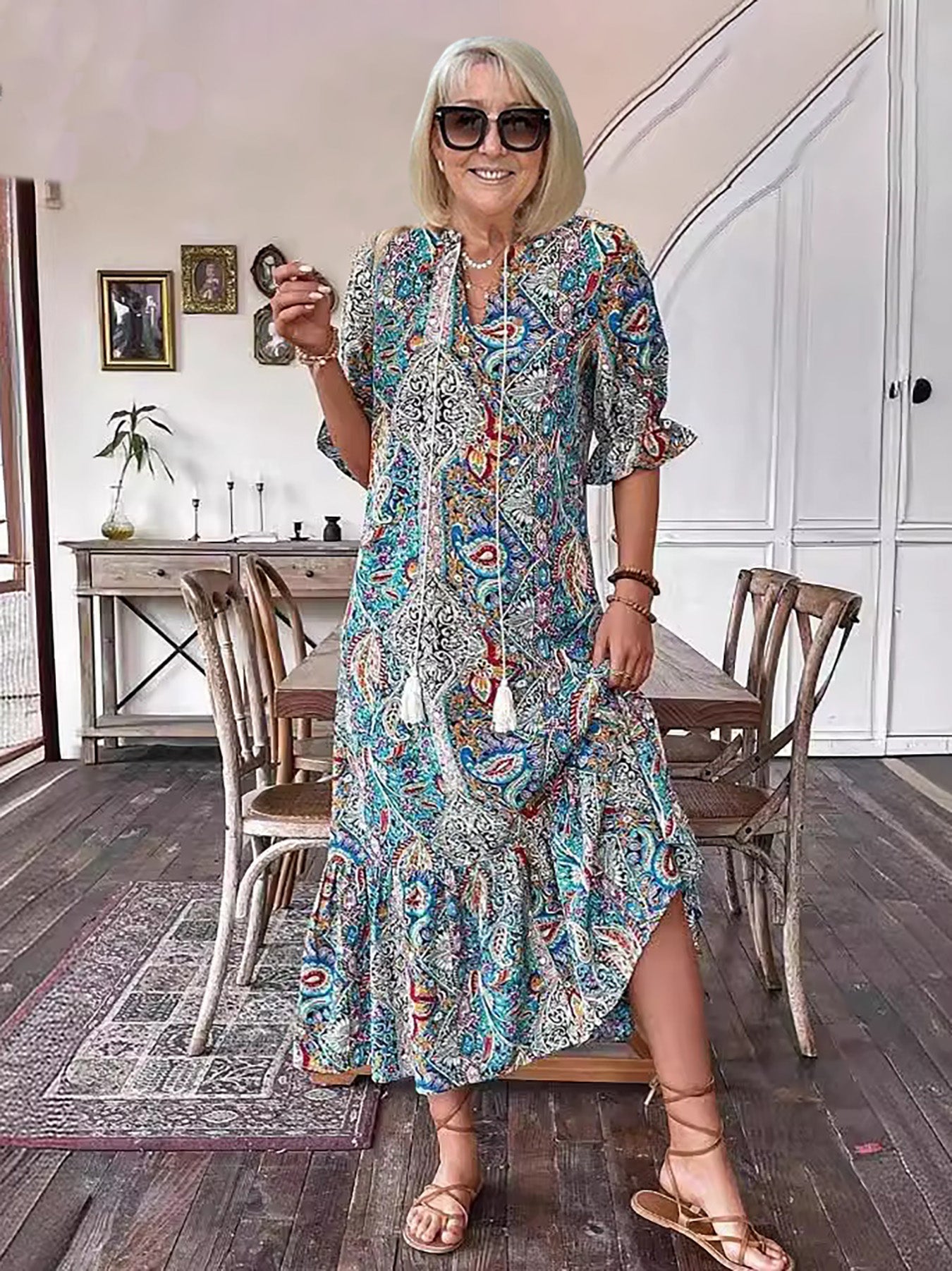 Gene Boho Grace Dress with stand collar and lace-up front, shown in a flowy summer silhouette