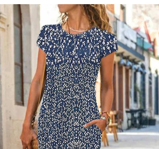 Emilia navy blue maxi dress with round neck, capped sleeves and mini print
