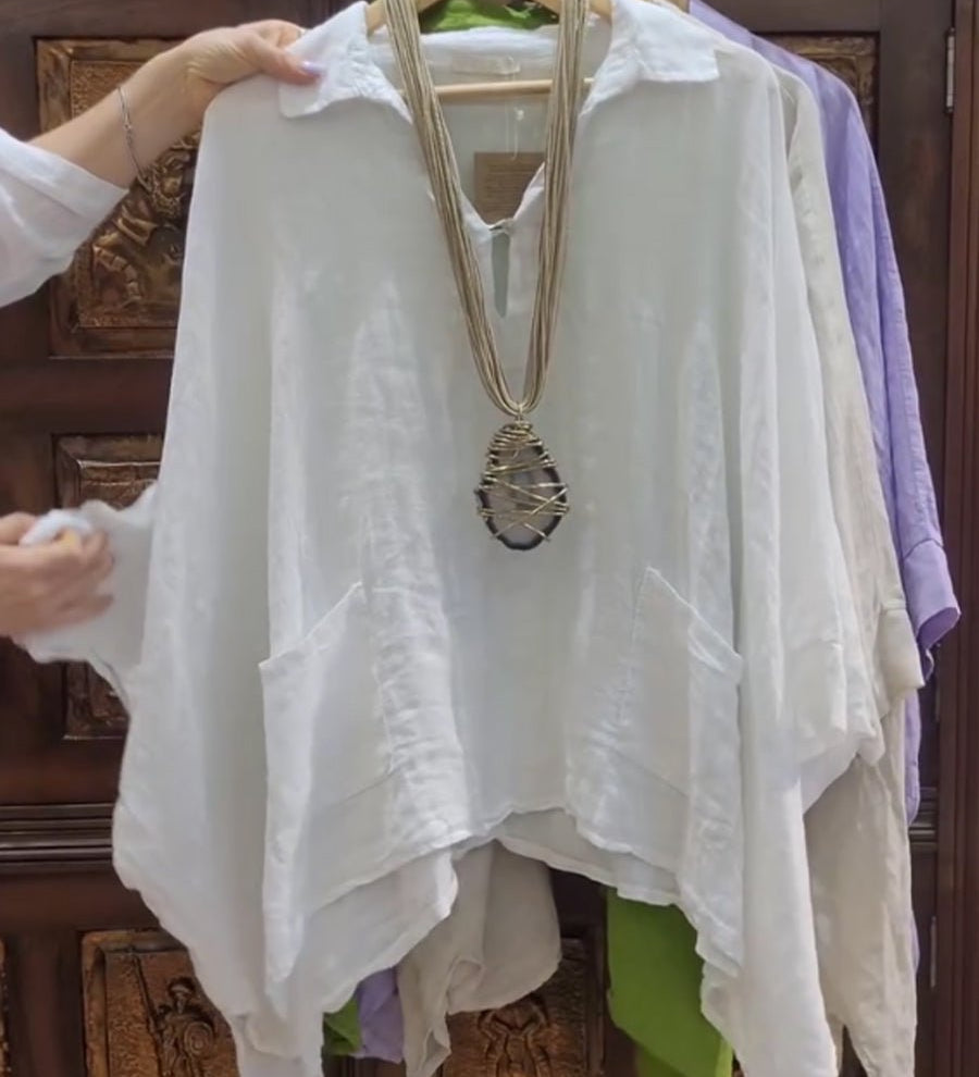Lina breezy collared linen-cotton top with soft stand collar and relaxed fit
