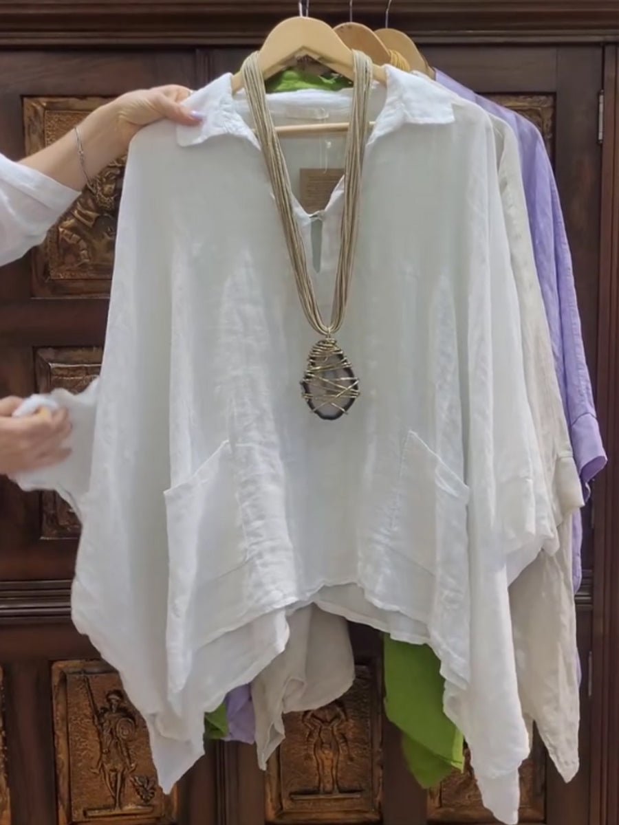Lina breezy collared linen-cotton top with soft stand collar and relaxed fit