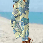 Sally relaxed casual pants with floral and turtle print in a light, easy-going colour
