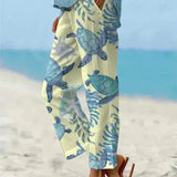 Sally relaxed casual pants with floral and turtle print in a light, easy-going colour