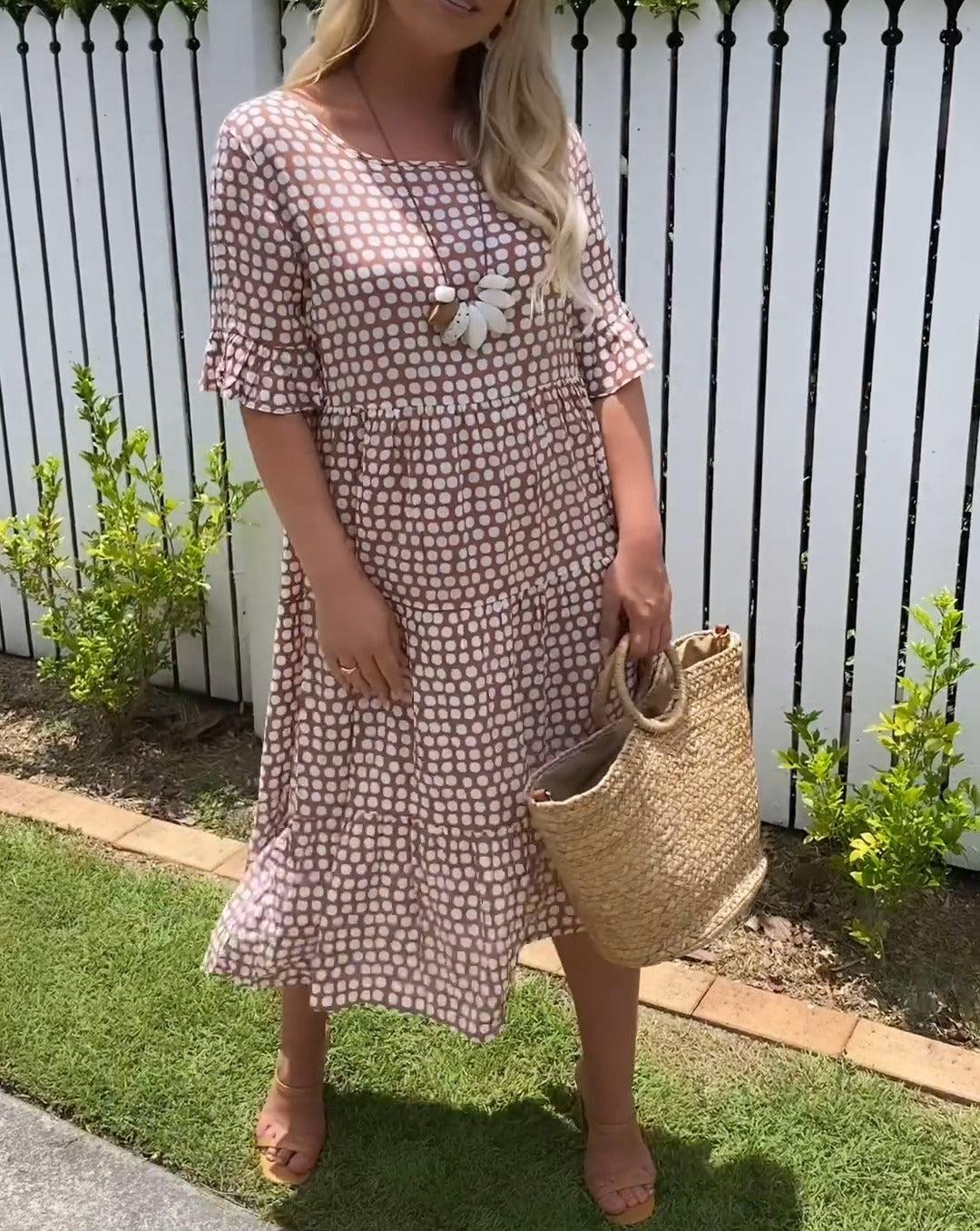 Zora short-sleeve summer midi dress in a relaxed, flowing silhouette