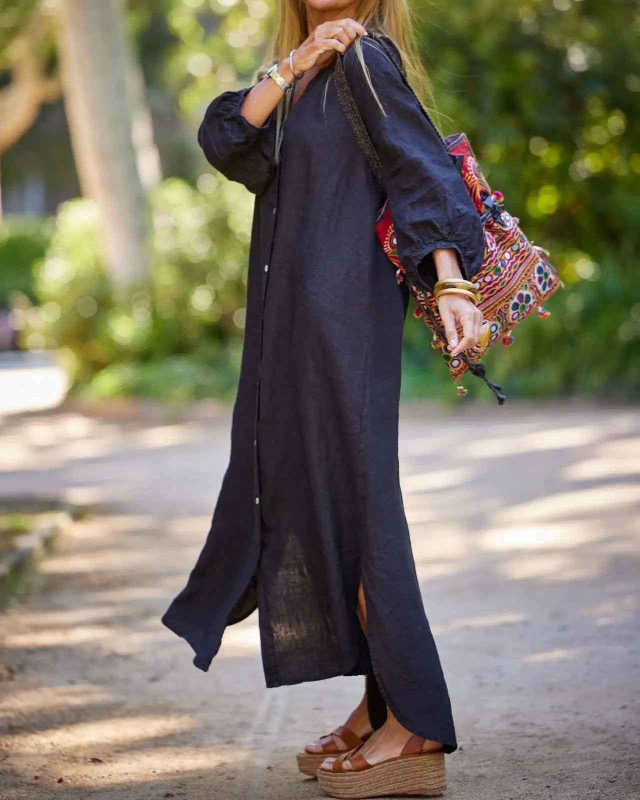 Elaina relaxed maxi dress with buttons and flowing skirt, shown in white