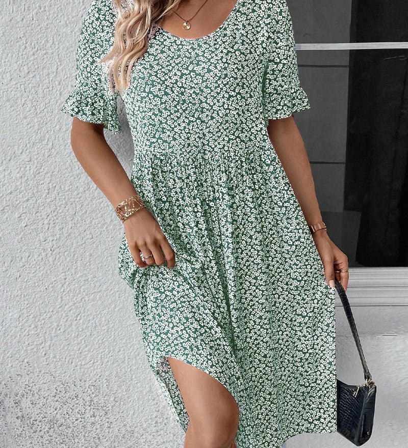 Anne elegant bloom midi dress in blue, red and green with a flattering feminine silhouette