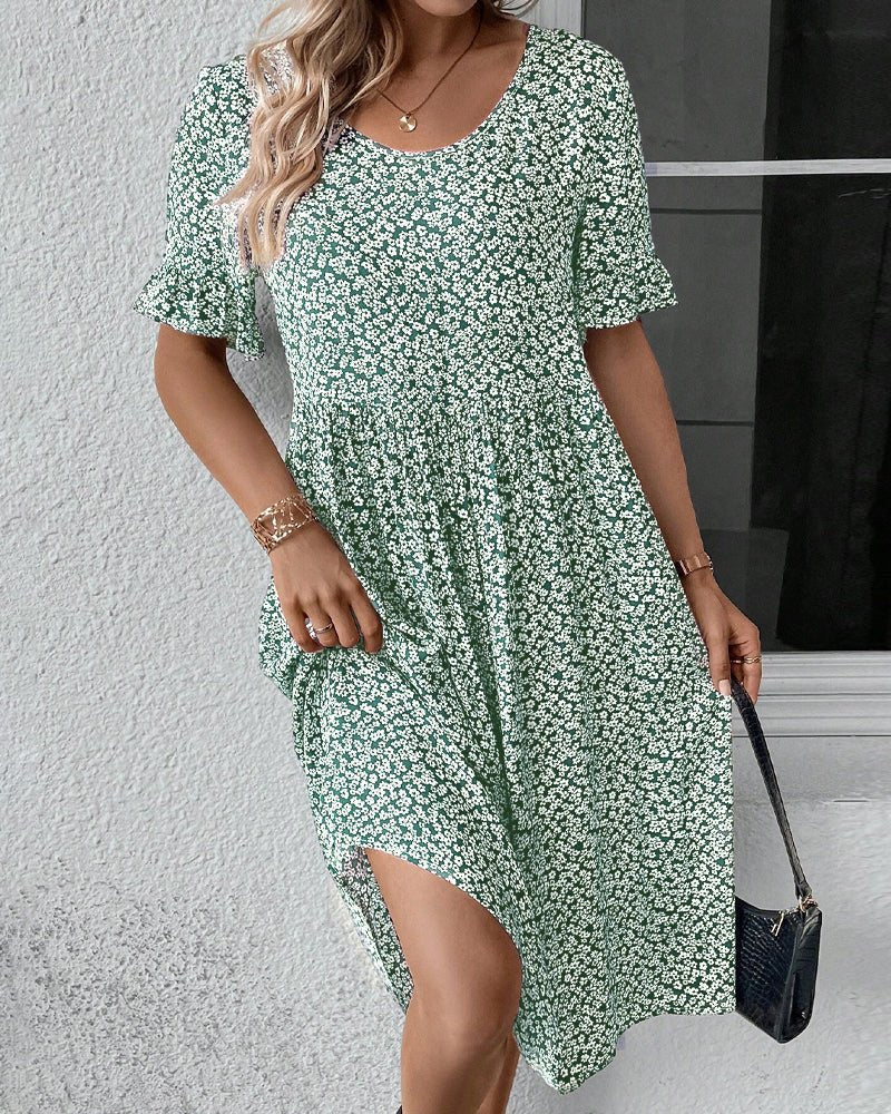 Anne elegant bloom midi dress in blue, red and green with a flattering feminine silhouette