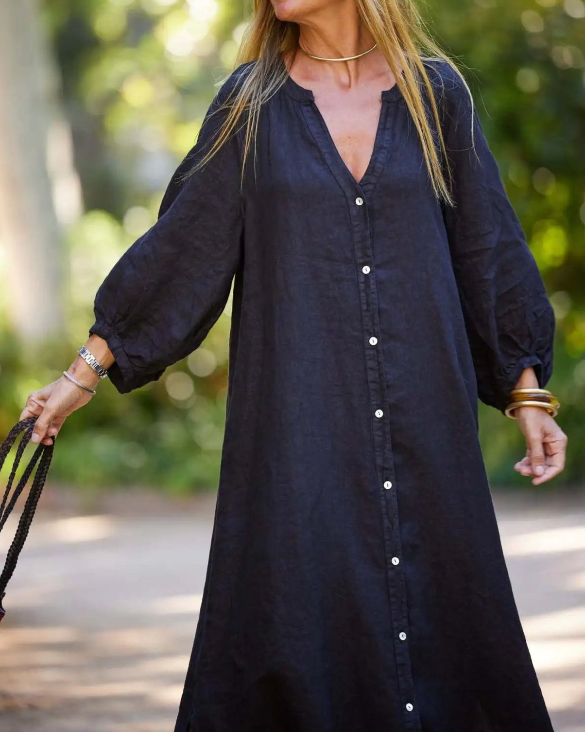 Elaina relaxed maxi dress with buttons and flowing skirt, shown in white