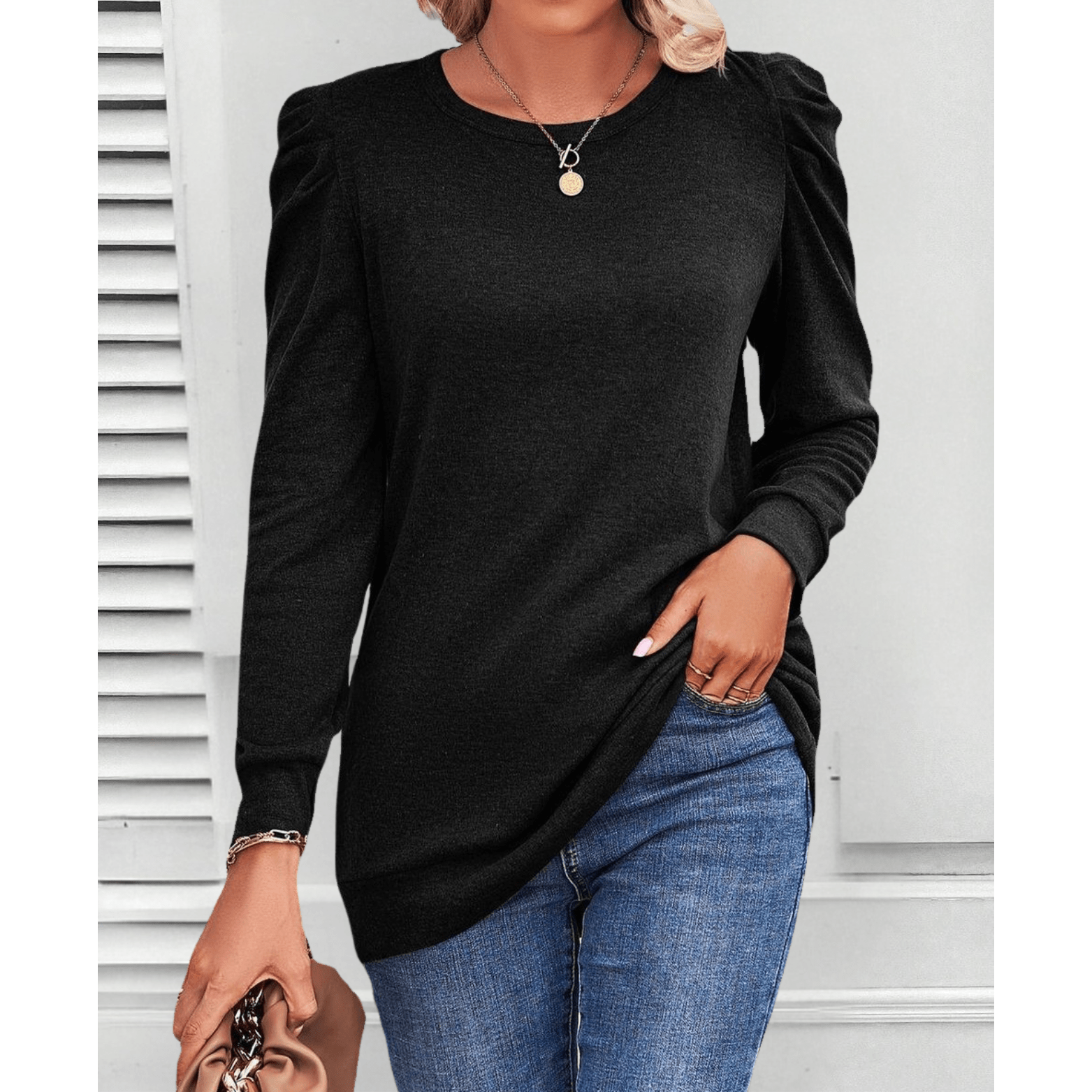 Mae puff-shoulder tunic top in a soft stretchy knit with flattering tunic length
