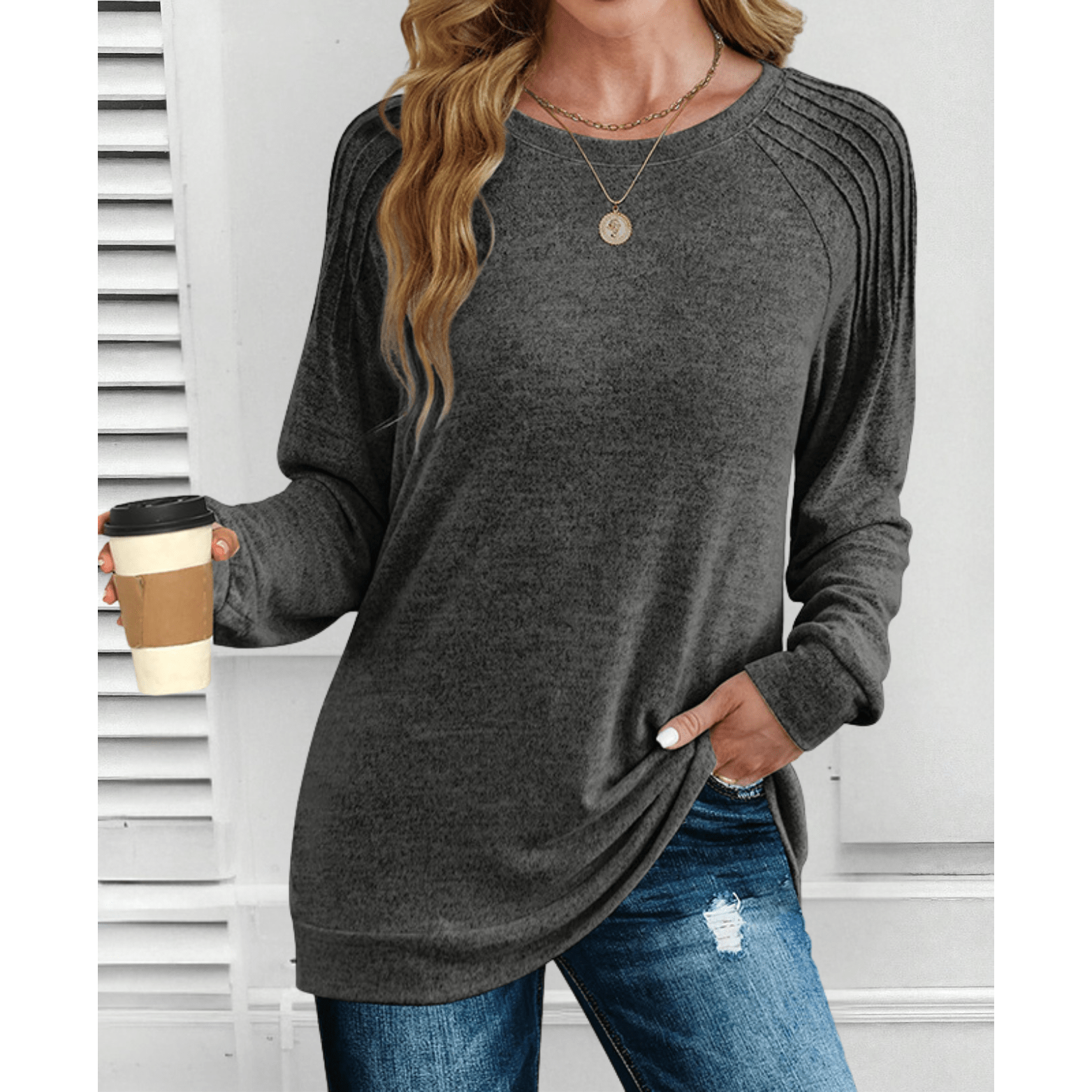 Anika ribbed shoulder long-sleeve top with a relaxed tunic fit