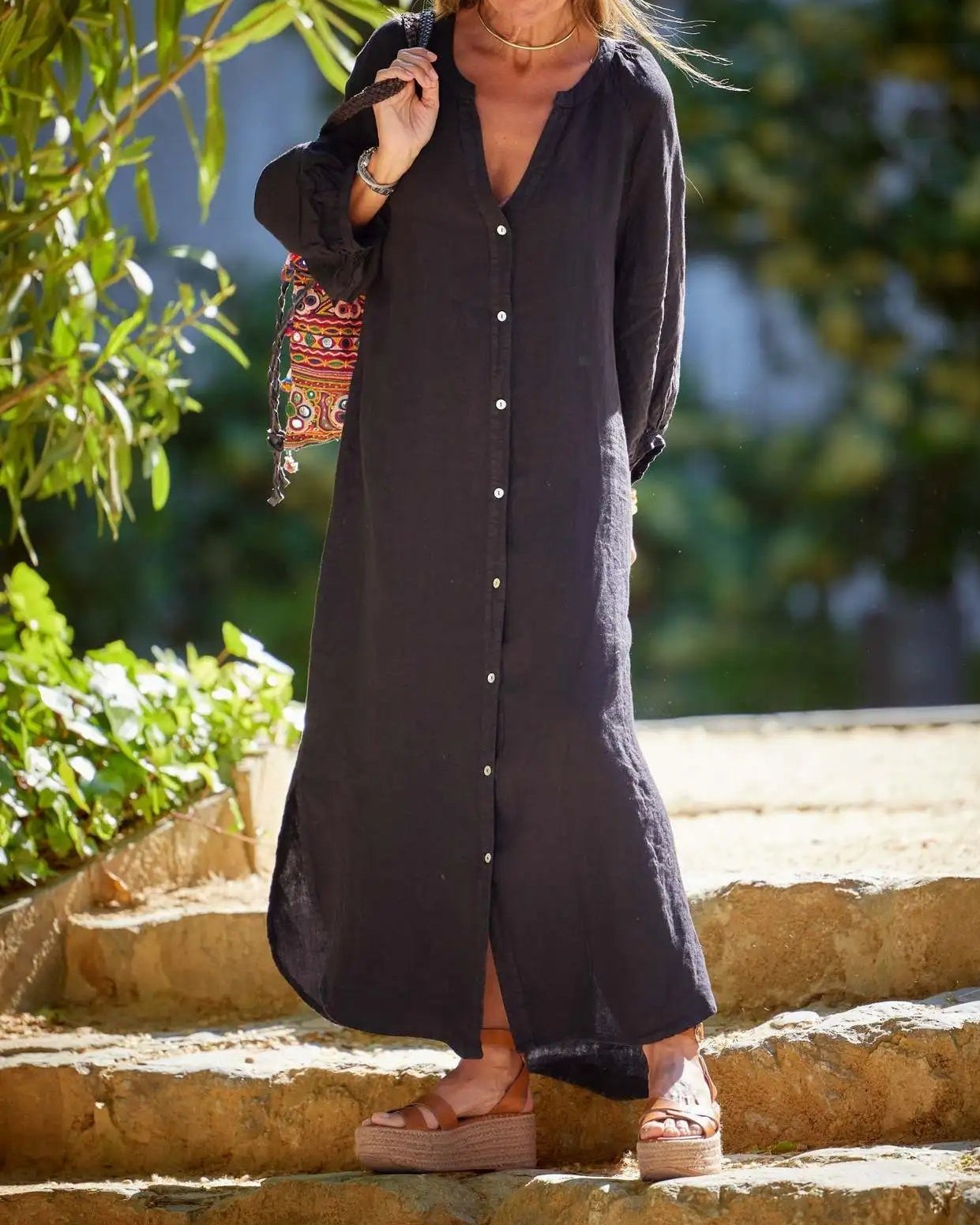 Elaina relaxed maxi dress with buttons and flowing skirt, shown in white