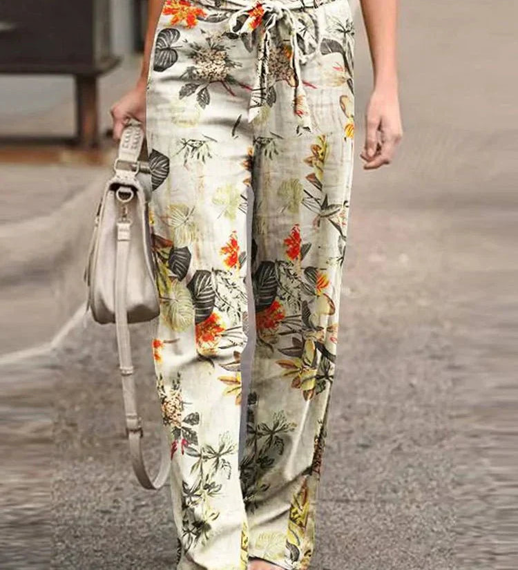 Dahlia floral print pants shown in a relaxed, everyday silhouette