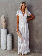 Fleur white boho A-line dress with lace details and plunging V-neckline