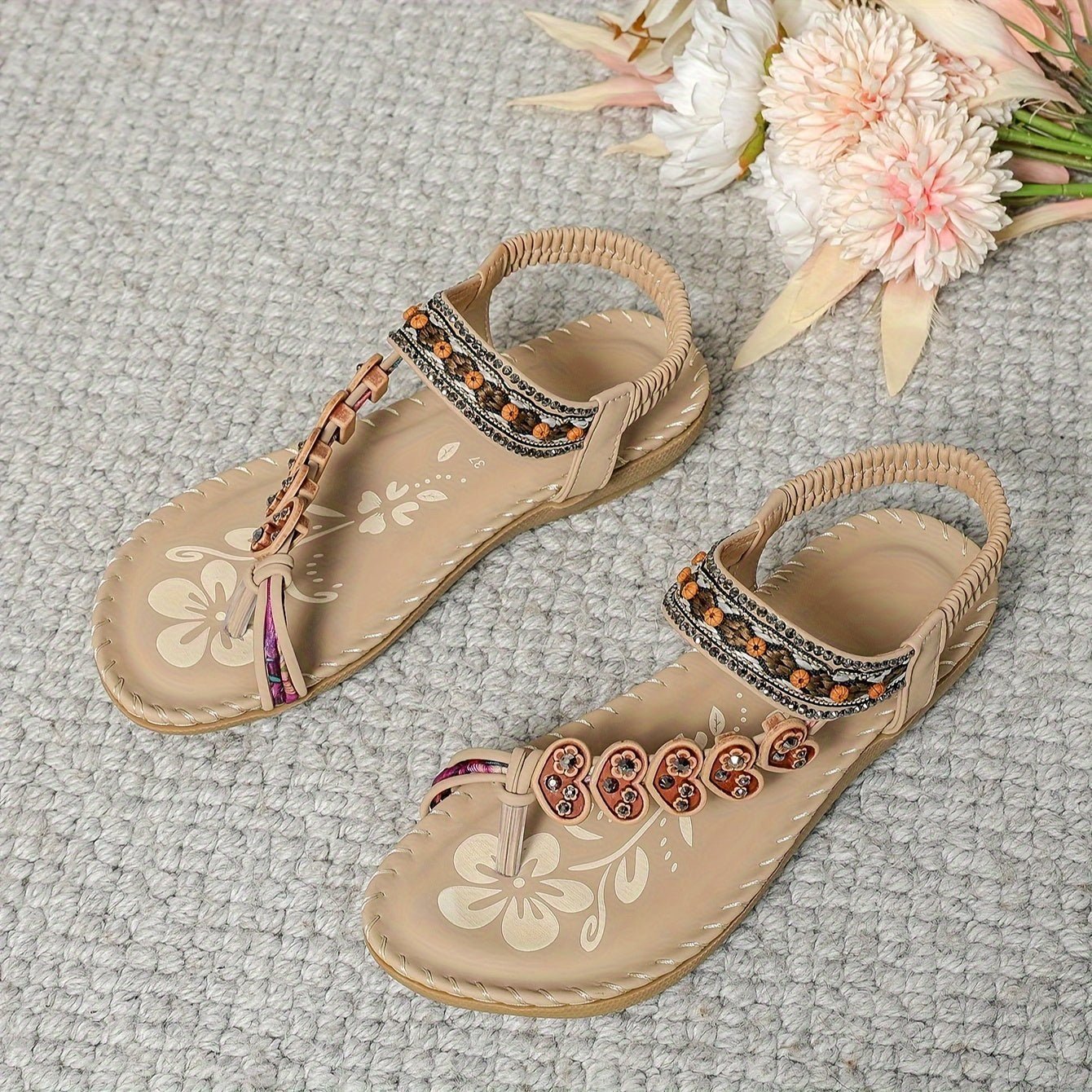 Nika beaded comfort sandals shown in a neutral shade with decorative accents