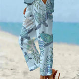 Sally relaxed casual pants with floral and turtle print in a light, easy-going colour