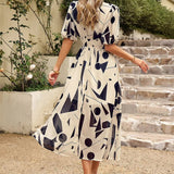 Allison floral midi dress with V-neckline, half sleeves and cinched waist