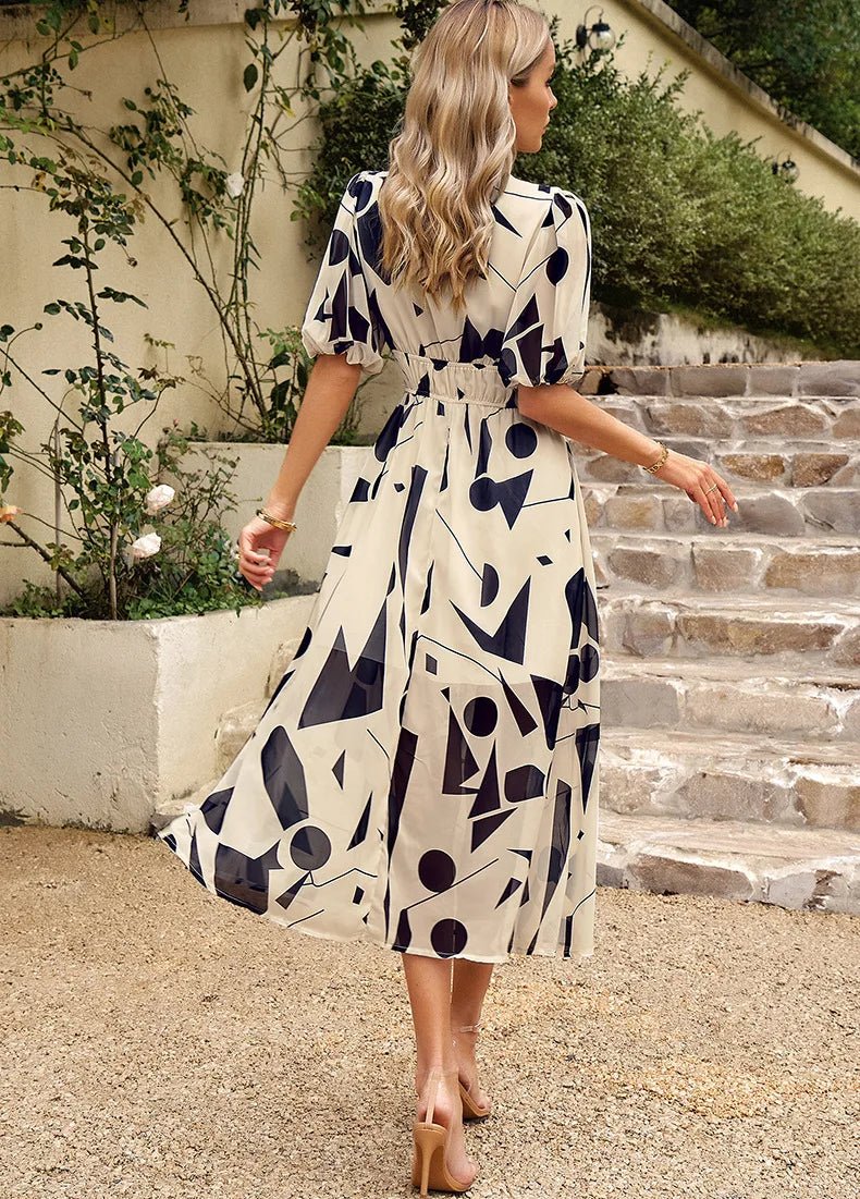 Allison floral midi dress with V-neckline, half sleeves and cinched waist