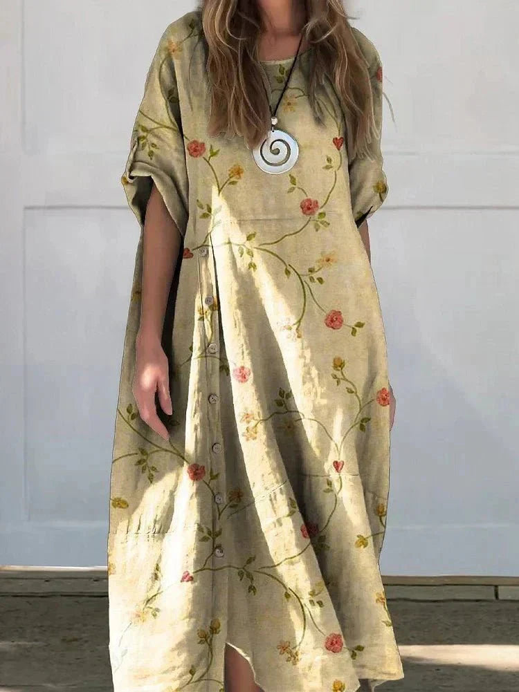 Islay luxe linen blend dress with relaxed fit, shown in a neutral sand shade