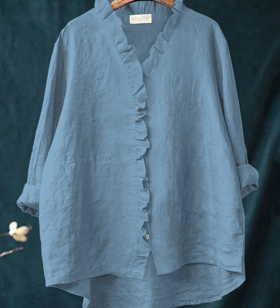 Rica retro ruffle blouse with collar and front placket ruffle detailing and long sleeves
