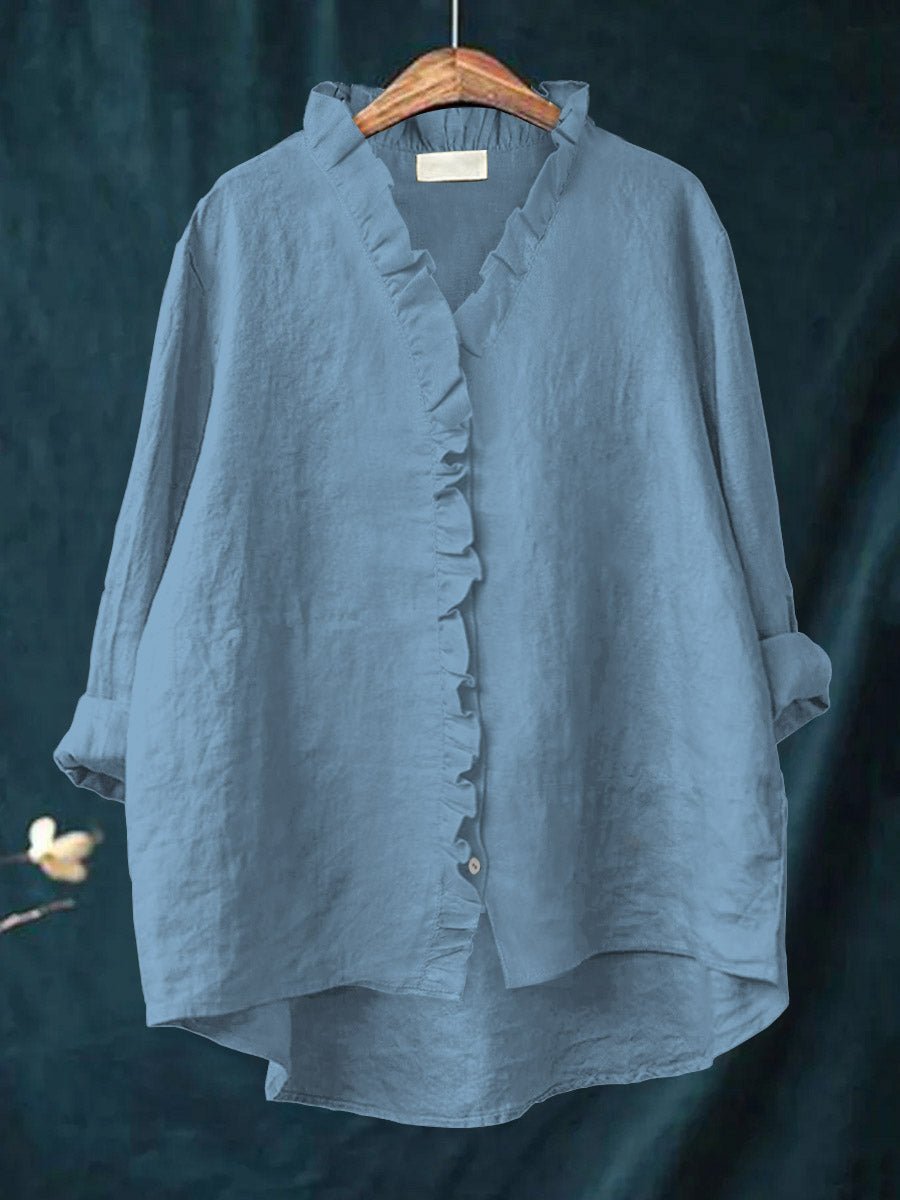Rica retro ruffle blouse with collar and front placket ruffle detailing and long sleeves