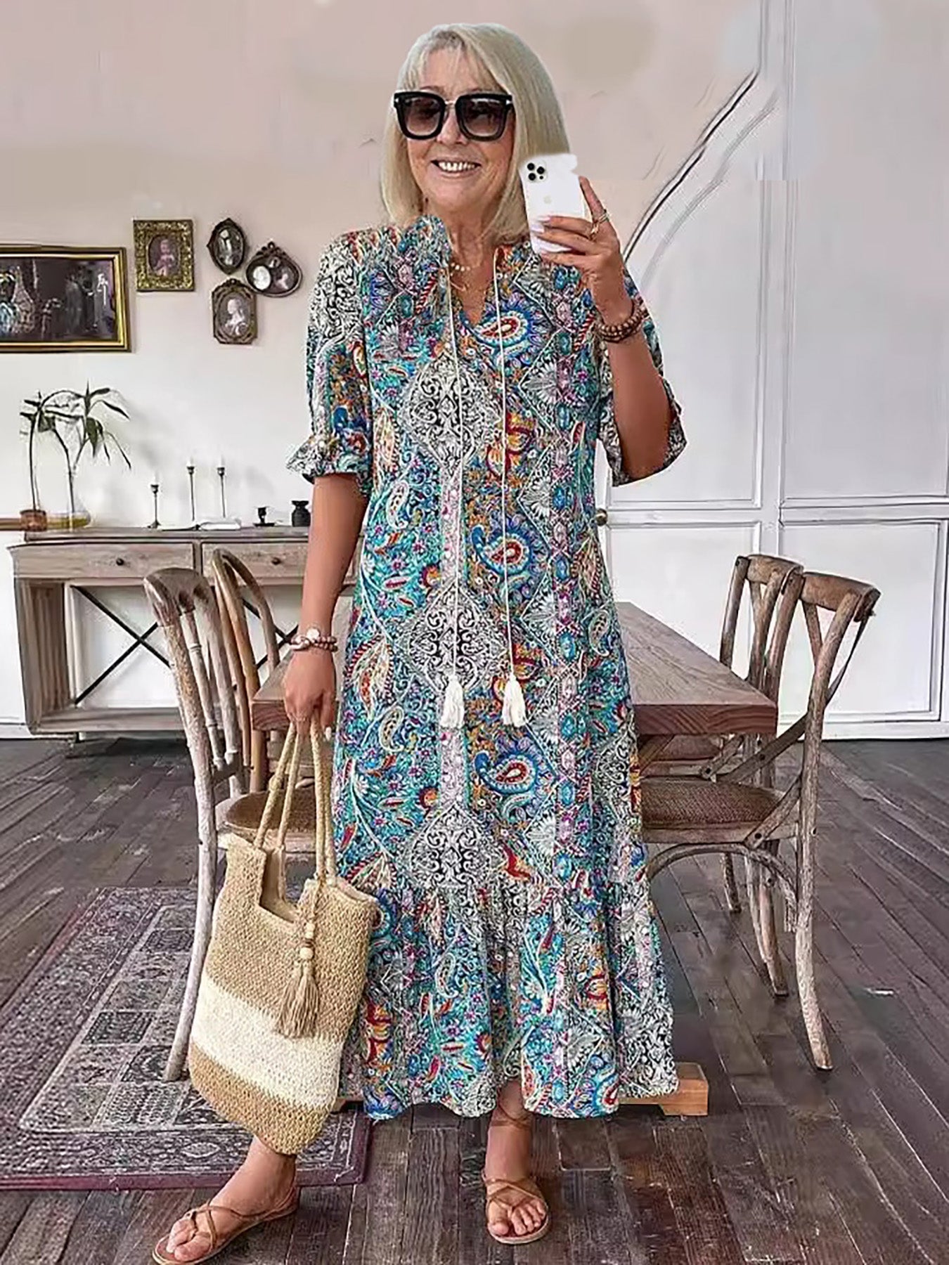 Gene Boho Grace Dress with stand collar and lace-up front, shown in a flowy summer silhouette