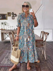 Gene Boho Grace Dress with stand collar and lace-up front, shown in a flowy summer silhouette