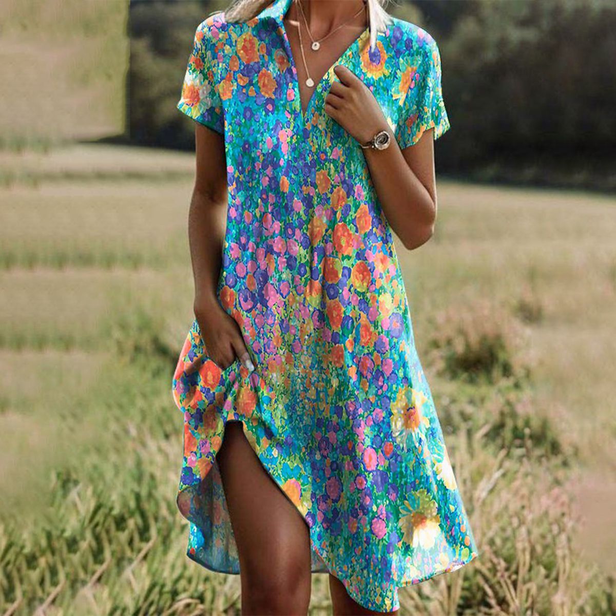 Tansy summer dress with a relaxed, flattering silhouette, shown in a summer colourway