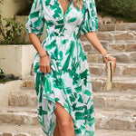 Allison floral midi dress with V-neckline, half sleeves and cinched waist