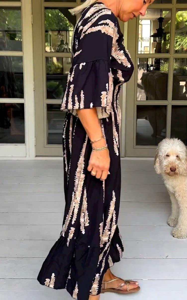 Macey black printed maxi dress with V-neckline and 3/4 sleeves