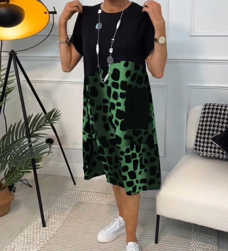 Cassandra women's elegant relaxed-fit midi dress with deep side pockets in a black and stone print