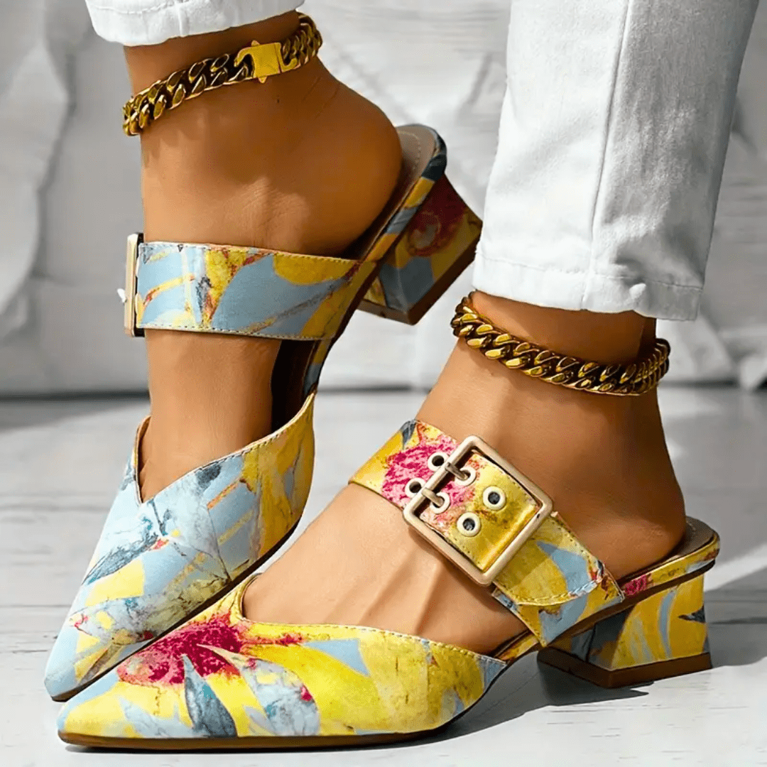 Bello bright rainbow heels in vivid orange, blue and yellow colour options
