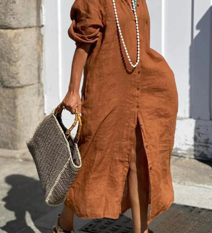 Cassy linen maxi dress with button-down front and side slit in a relaxed flowing fit
