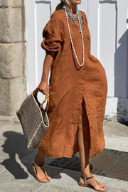 Cassy linen maxi dress with button-down front and side slit in a relaxed flowing fit