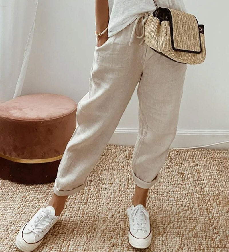Adria casual retro pleated pants with drawstring waist and relaxed straight-leg fit