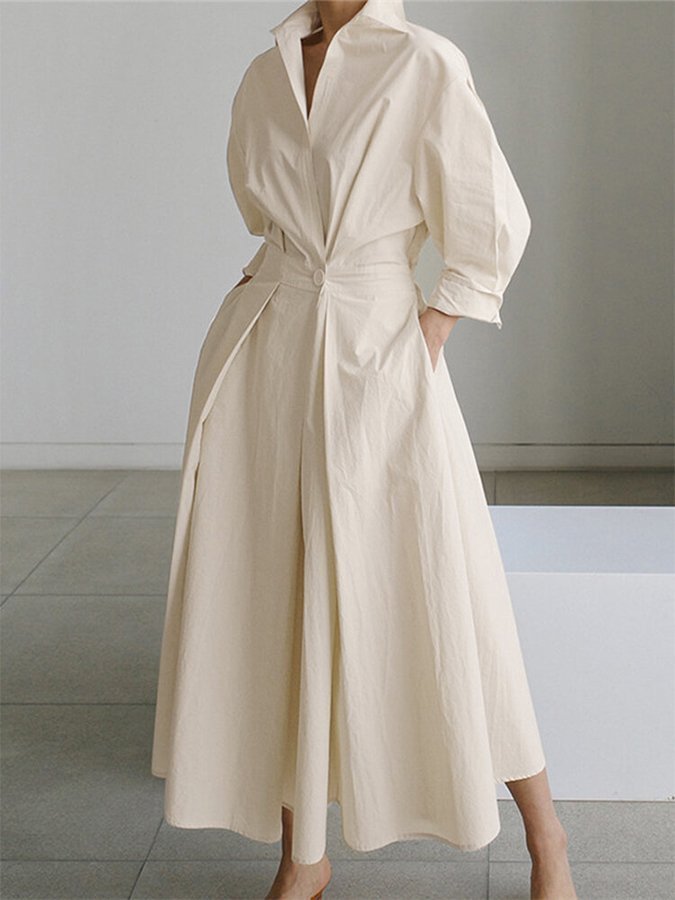Luni bohemian maxi dress with retro lapel collar and elasticated waist in a solid colour