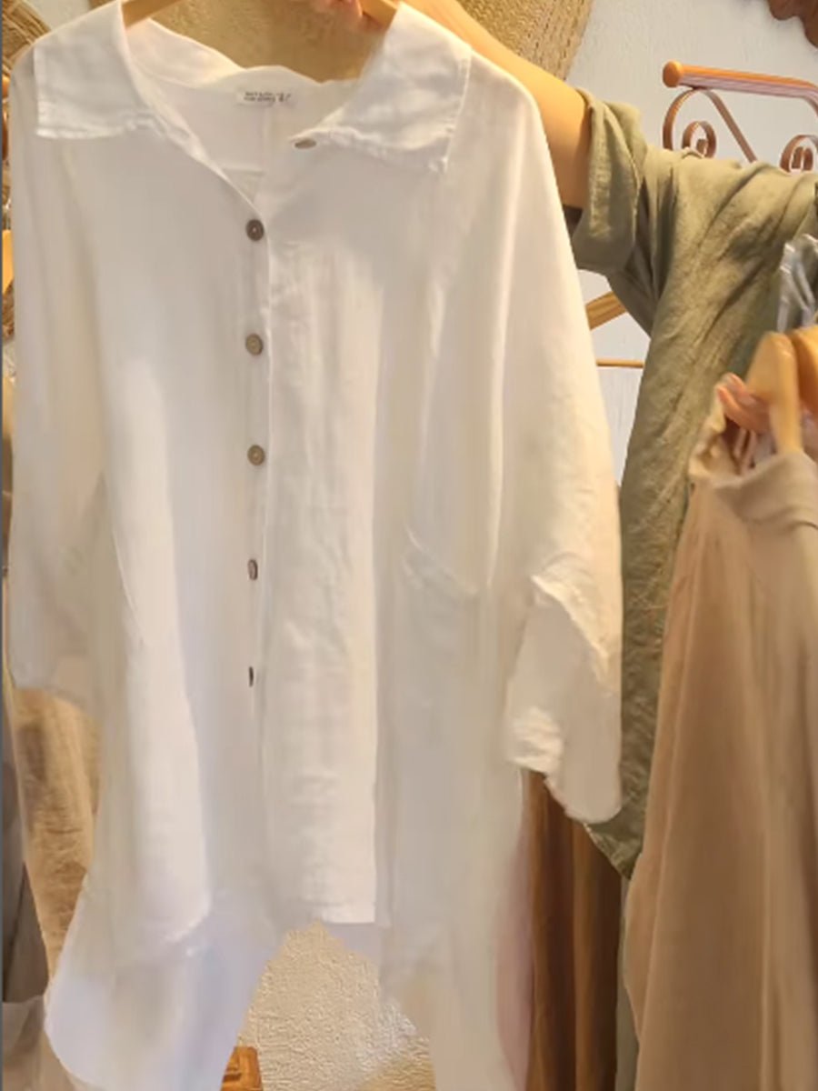 Lineth casual buttoned linen-cotton blouse with shirt collar and 3/4 sleeves