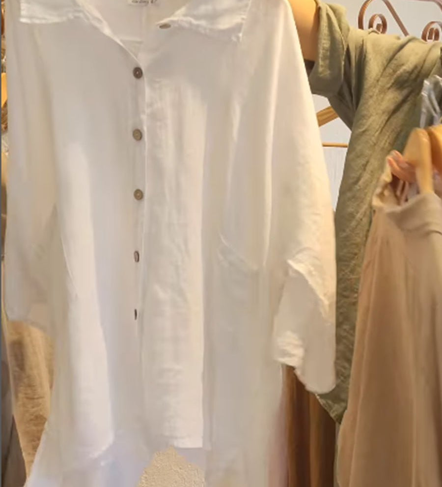 Lineth casual buttoned linen-cotton blouse with shirt collar and 3/4 sleeves