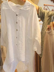 Lineth casual buttoned linen-cotton blouse with shirt collar and 3/4 sleeves