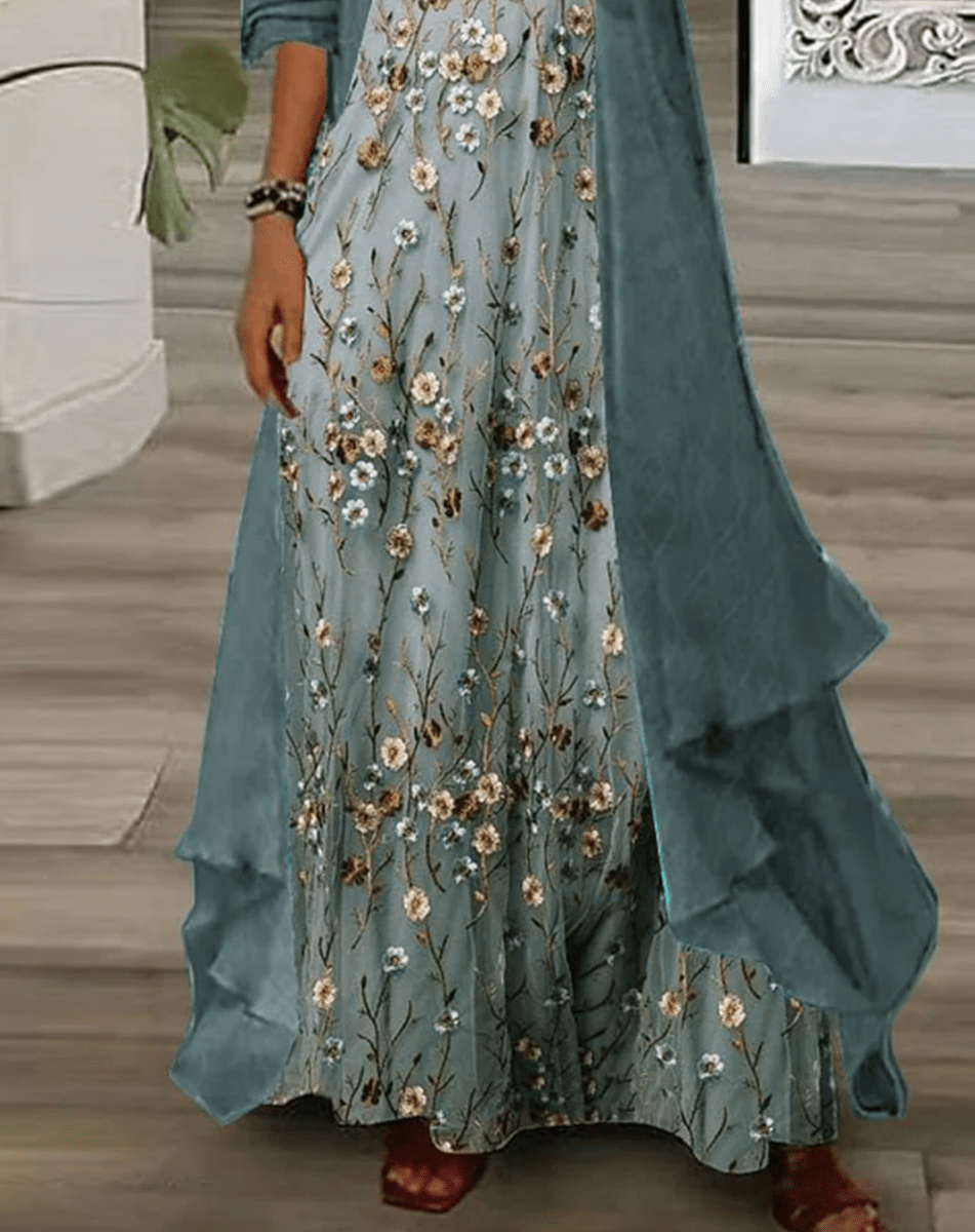 Thea green ditsy floral maxi dress with V-neckline and 3/4 sleeves