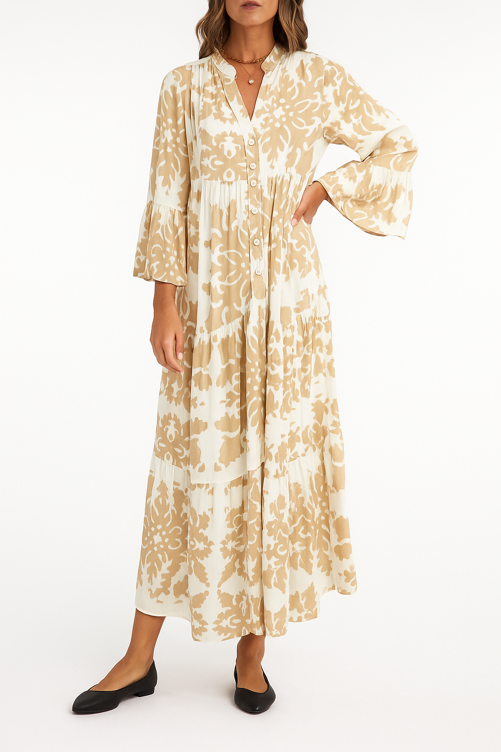 Bonnie elegant brown A-line maxi dress with V-neckline and three-quarter sleeves