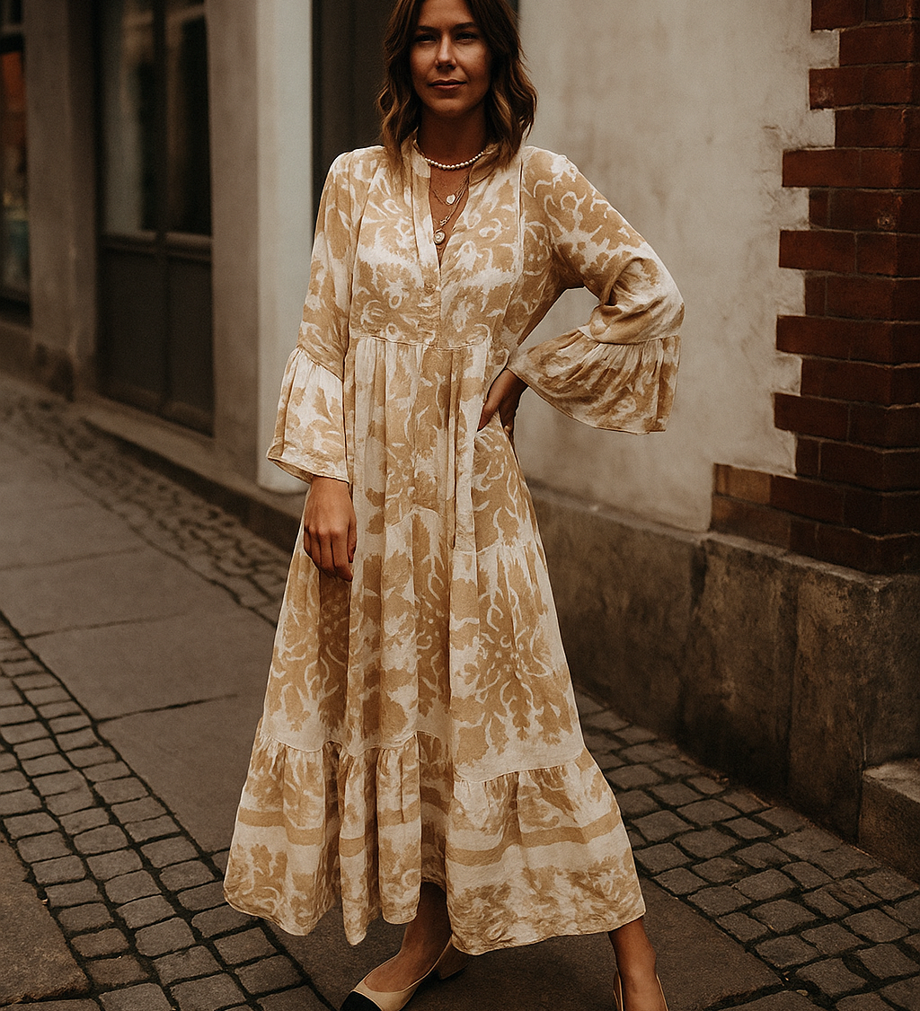 Bonnie elegant brown A-line maxi dress with V-neckline and three-quarter sleeves