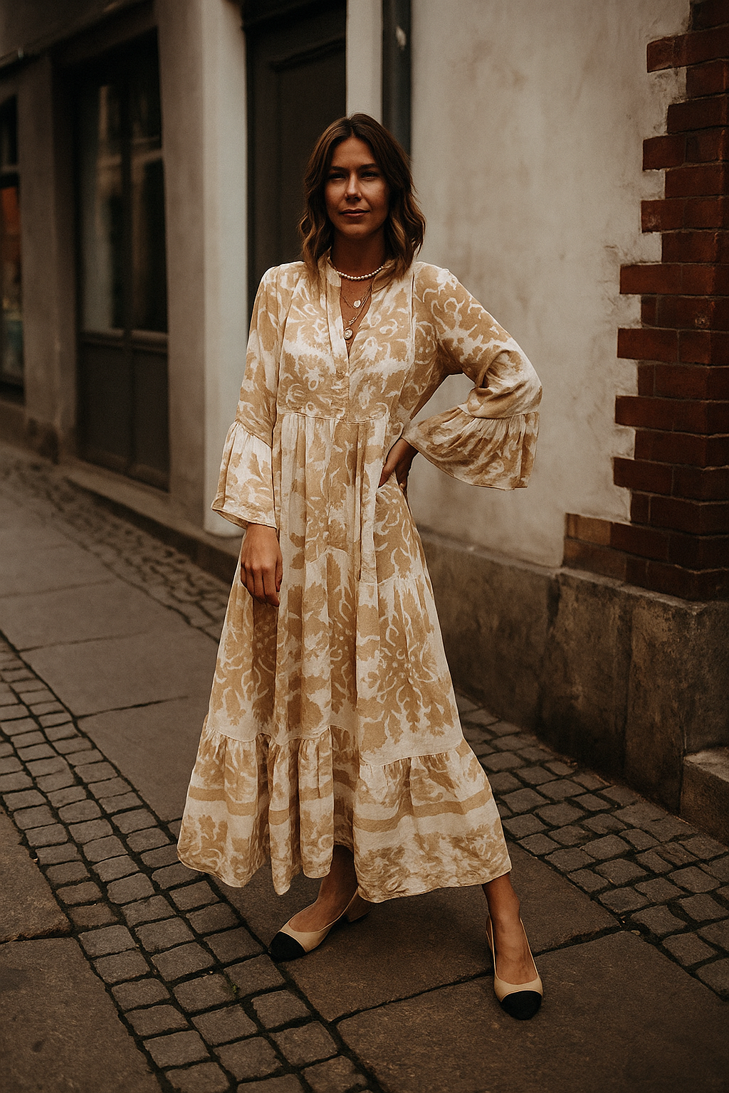 Bonnie elegant brown A-line maxi dress with V-neckline and three-quarter sleeves