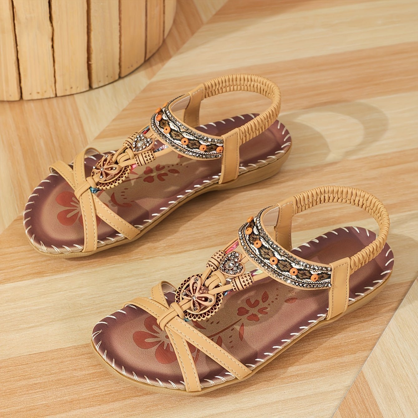Nalu boho flat sandals with beaded, tribal-inspired detailing in a neutral earthy tone